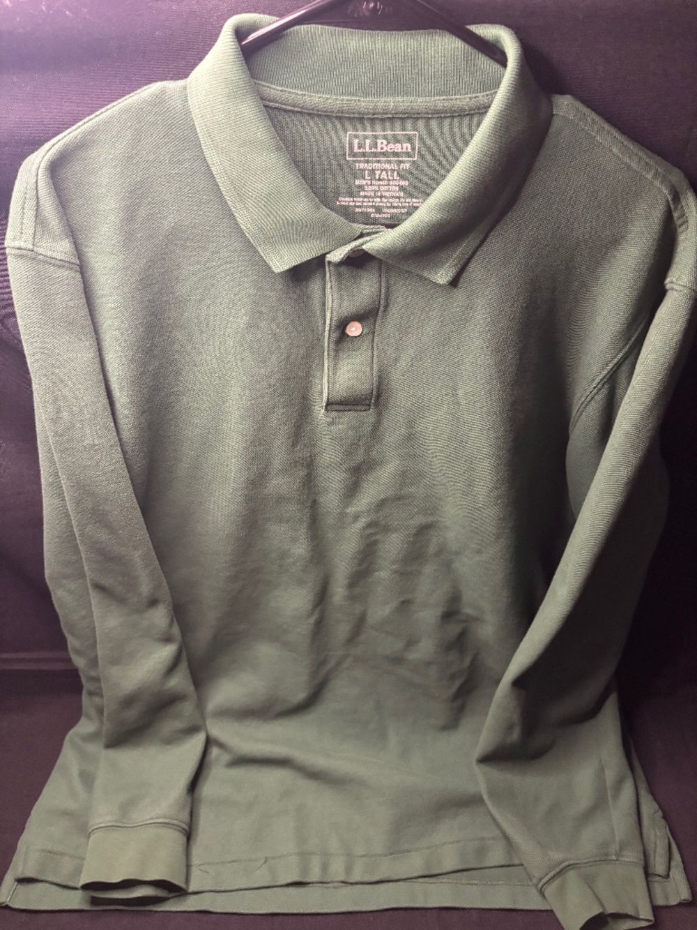 L.L.Bean Men’s Large Tall Long Sleeve Polo Shirt Green Traditional Fit Cotton.